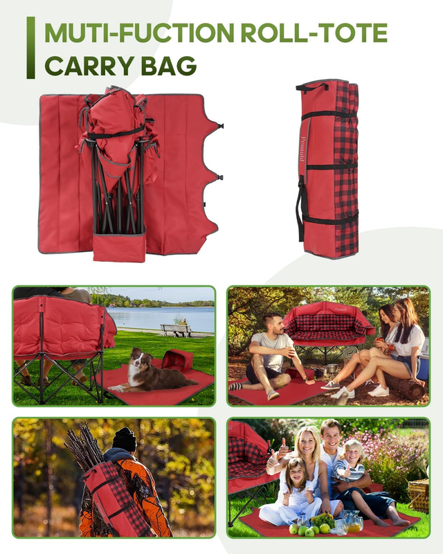 Heavy Duty Double Camping Chair Loveseat Folding Sofa w/ Cup Holders Red7