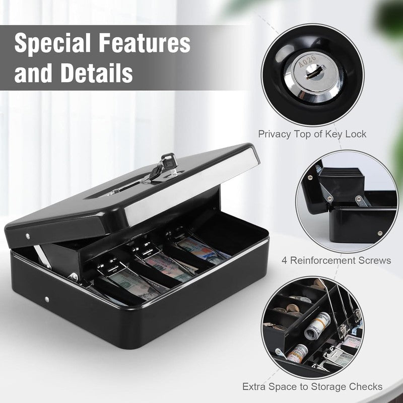 XL Locking Cash Box with Key, Cash Tray & Coin Slots - Black Organizer4