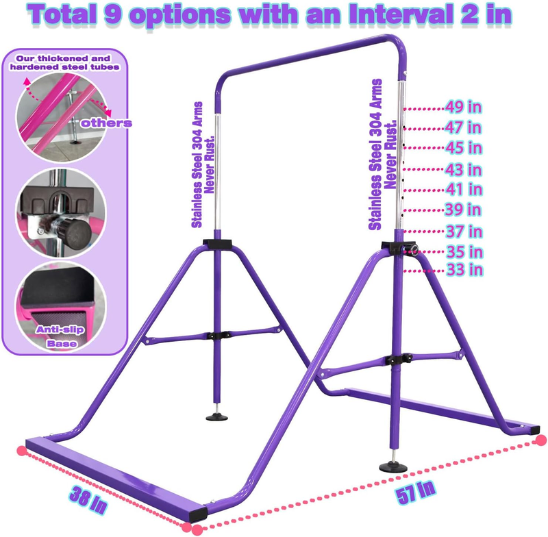 Folding Kids Gymnastics Bar w/ Rings Sturdy Kip Bar Horizontal Home Gym1
