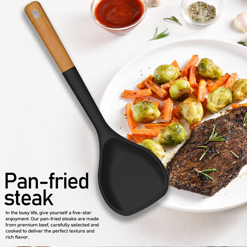 Large Silicone Kitchen Utensil Set Wooden Handle Heat Resistant Black6