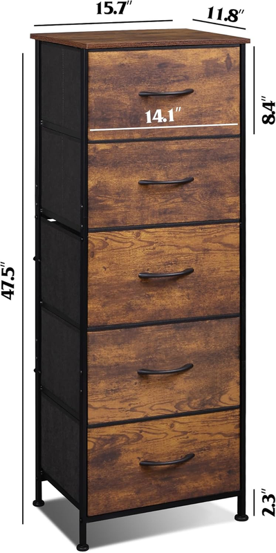 5 Drawer Fabric Dresser Storage Tower Steel Frame Wood Top Rustic Brown2