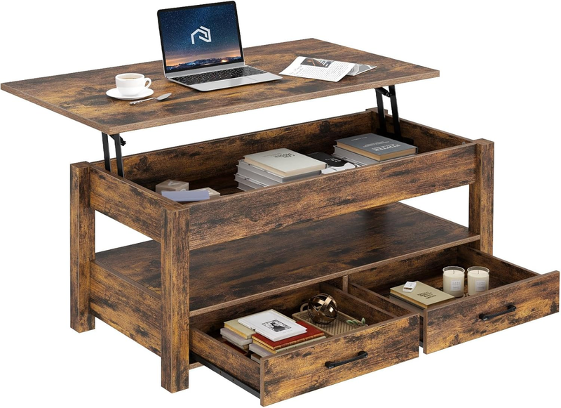 Lift-Top Coffee Table with Drawers Hidden Compartment Rustic Brown10