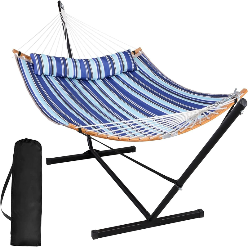 Double Hammock with Stand Portable w/ Pillow Blue Stripes Outdoor9