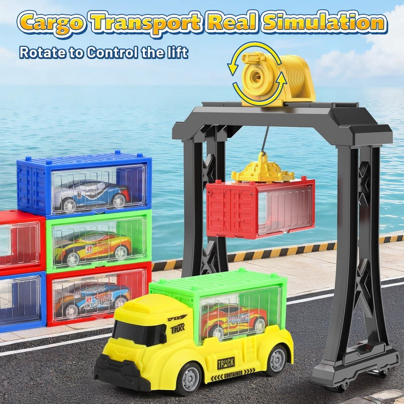 Cargo Ship Toy & Gantry Crane for Kids, Toy Boat and Crane Playset with 6 Race C1