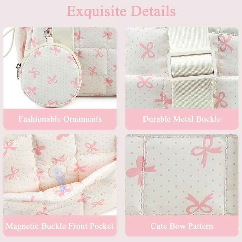 Mini Gym Bag Women Quilted Duffel Wet Compartment Coin Purse Beige Pink Bow5