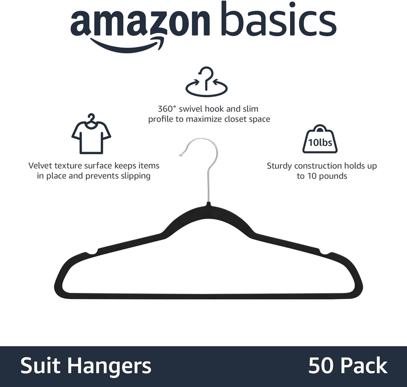 Slim, Velvet, Non Slip Suit Clothes Hangers, Pack of 50, Black1