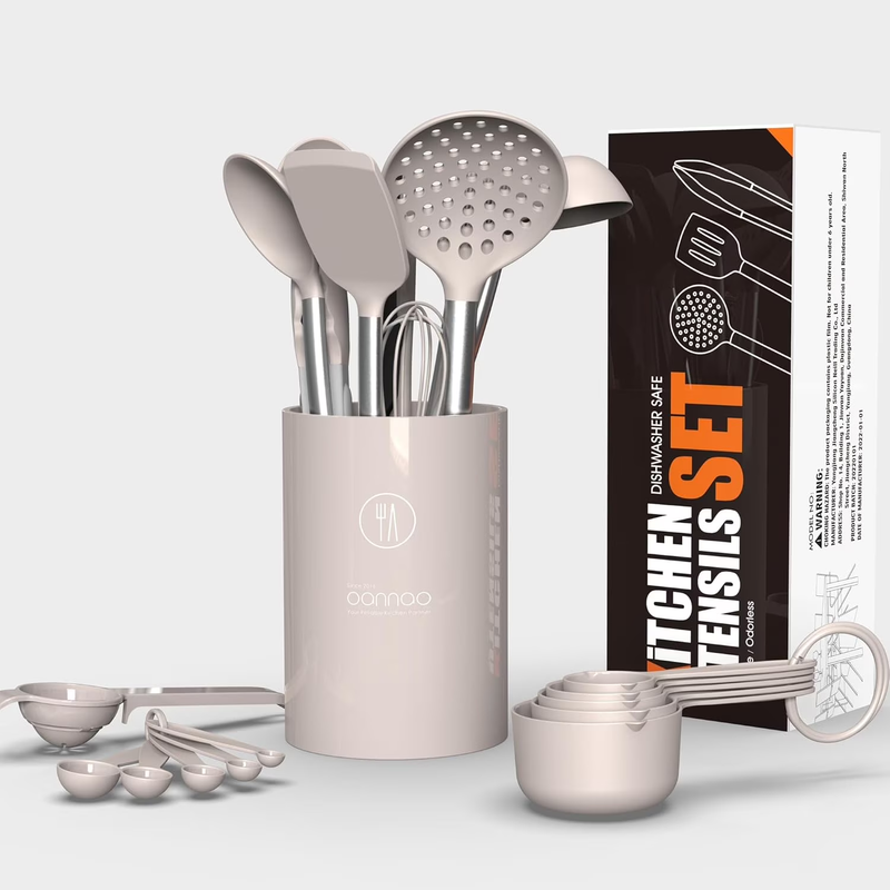 Large Silicone Kitchen Utensil Set Heat Resistant Nonstick Khaki3