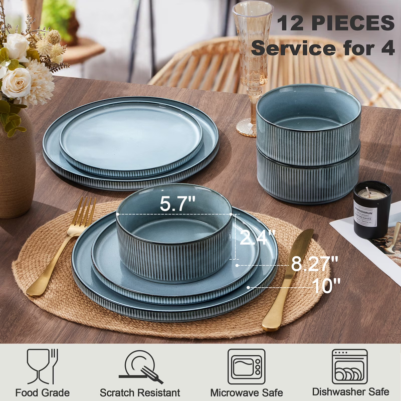 12Pc Stoneware Dinnerware Set for 4 Ribbed Plates Bowls Smoky Blue2