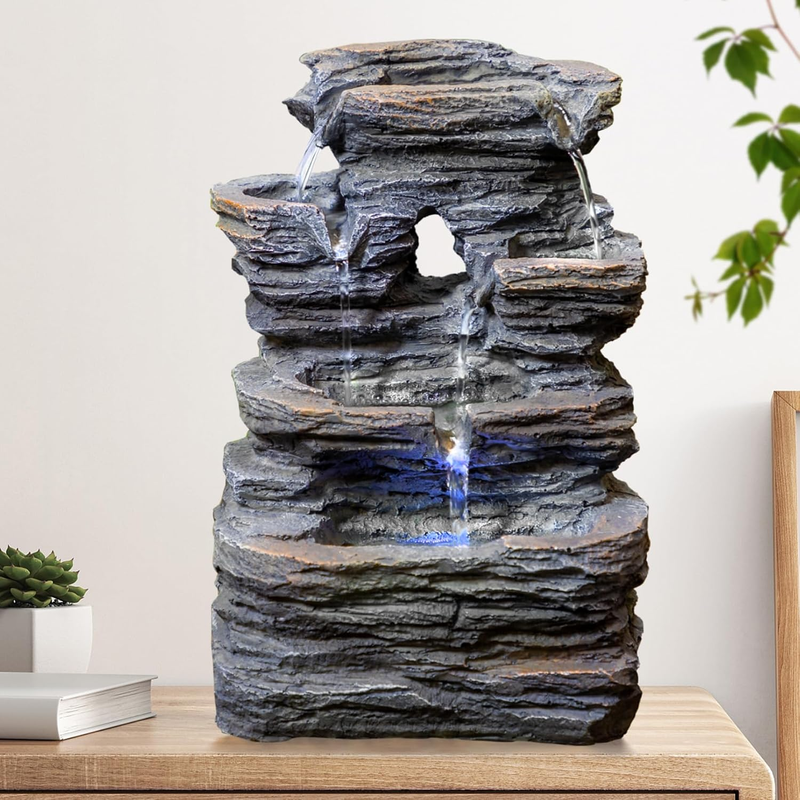 5-Tier Cascading Tabletop Fountain LED Indoor Waterfall Dark Gray Decor9