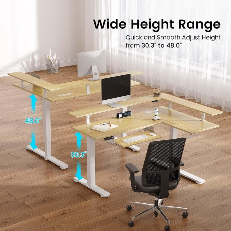 L Shaped Electric Standing Desk w/ Keyboard Tray LED Power Beige6