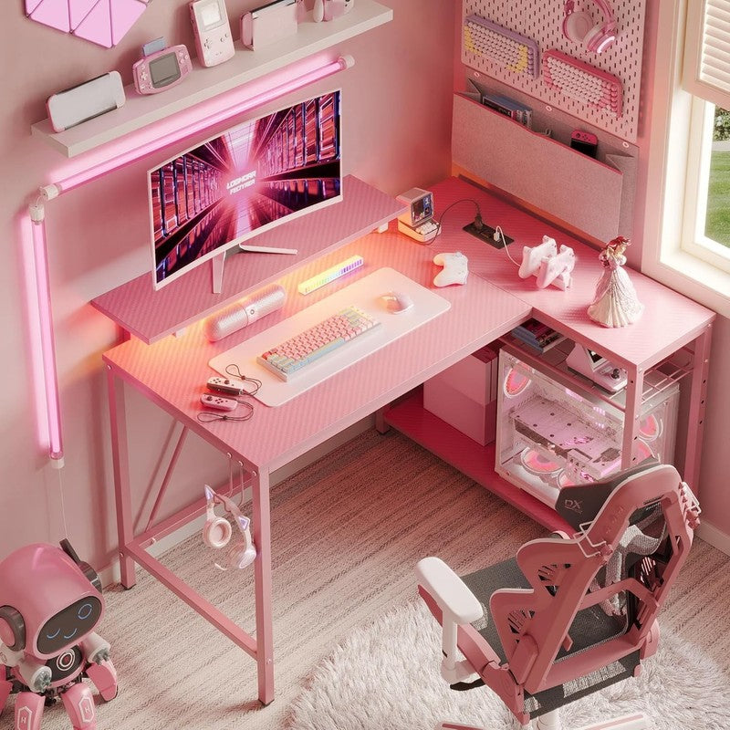 42" L-Shaped Computer Desk LED with Power Outlets & Monitor Stand Pink6