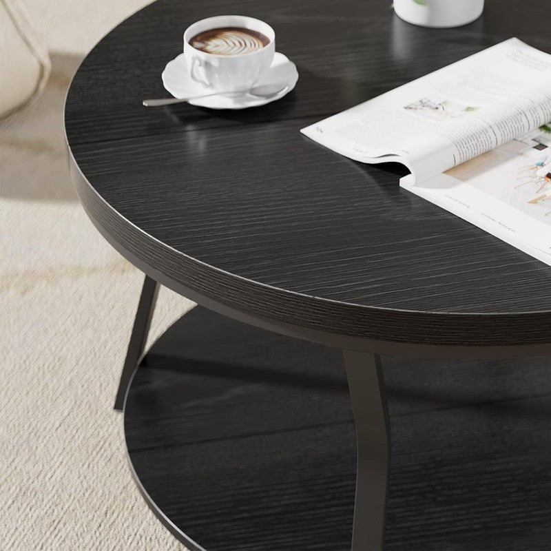Round Coffee Table 2 Tier Industrial Modern Metal Frame 31.5in Black3