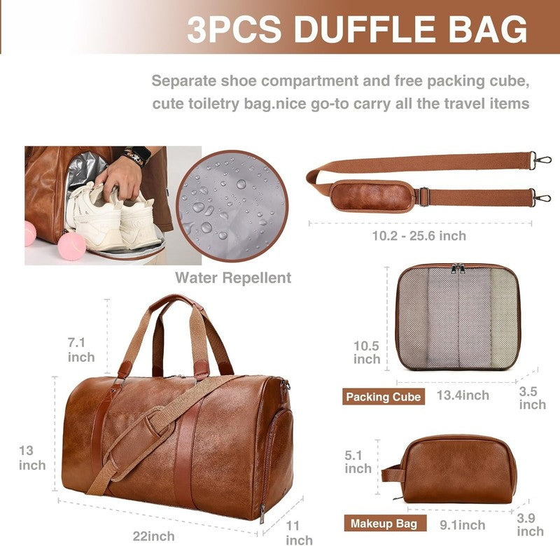 3 in 1 Leather Travel Duffle Bag Weekender Overnight Gym Bag w/ Shoe & Toiletry5