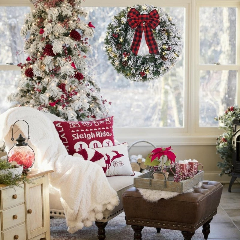 24" Pre-Lit Snowy Flocked Christmas Wreath 30 LED Red Berries Pinecones Bow6