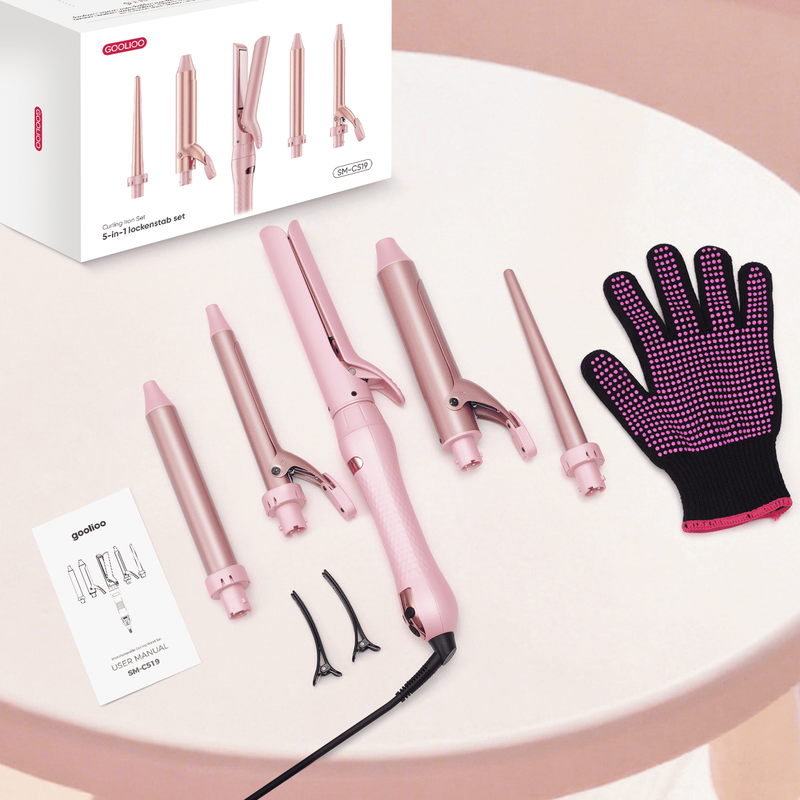 5 in 1 Curling Iron Set with Flat Iron Hair Straightener Dual Voltage Pink8