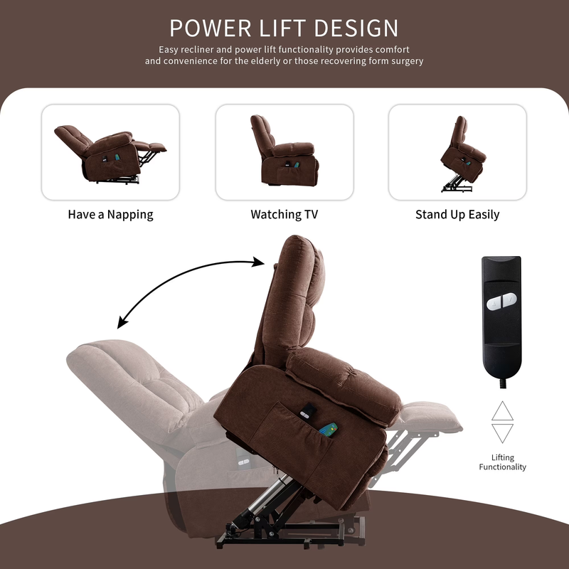 Power Lift Recliner Chair Heat Massage USB Port Infinite Position Brown4