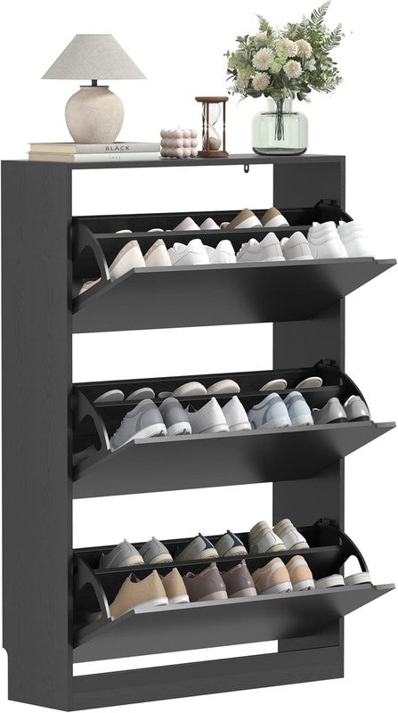 47'' Shoe Cabinet 3 Flip Drawers Slim Wood Storage Rack Organizer Entryway Black7