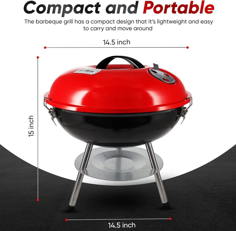 – 14-Inch Portable Barbecue Grill with 3-Point Locking Lid for Heat Preservation1
