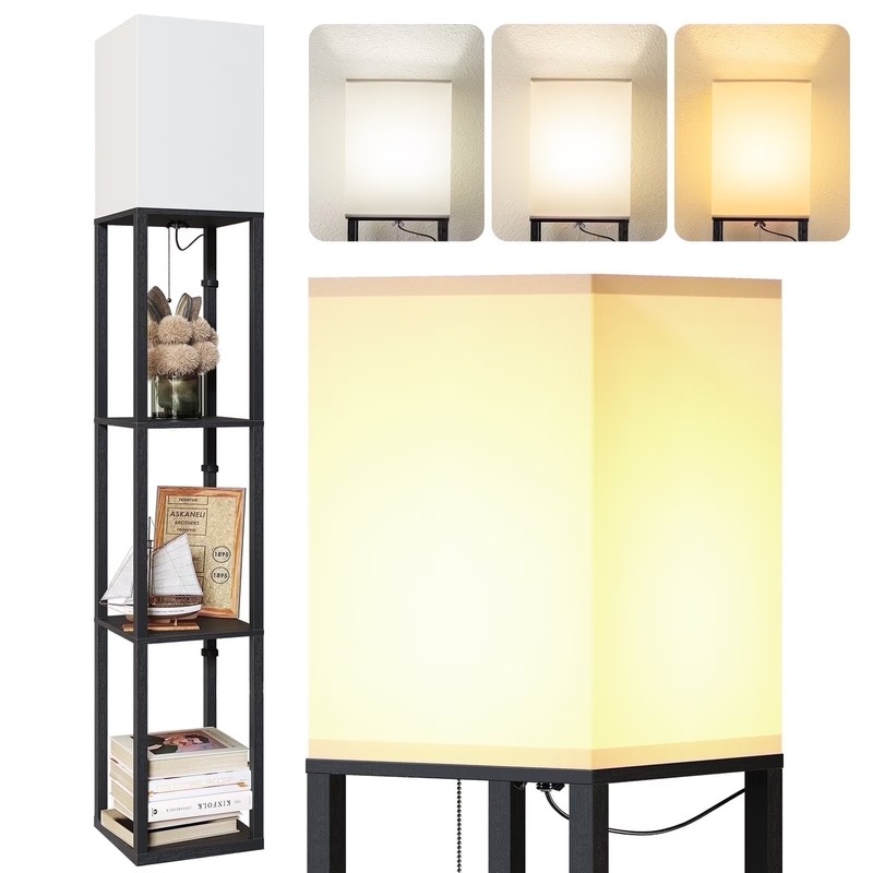63" Black LED Floor Lamp with Shelves, Standing Lamp with Storage, UL Certified0