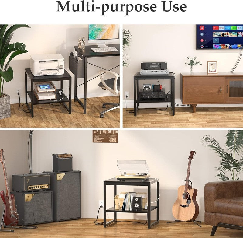 End Table with Charging Station 2 Tier Shelf Mini Fridge Stand Black7