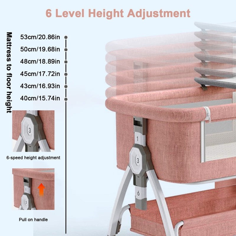 4 in 1 Baby Bassinet Pink Bedside Crib w/ Storage, Wheels & Changing Table4