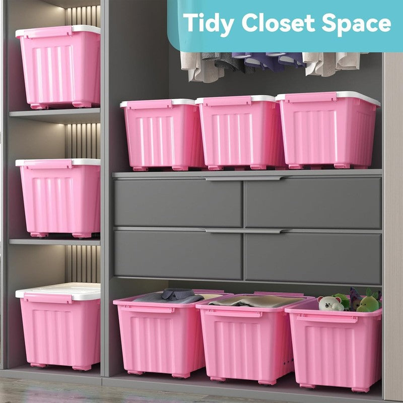 72Qt Pink/White Plastic Storage Bins w/Lids Stackable Nestable 6 Pack5
