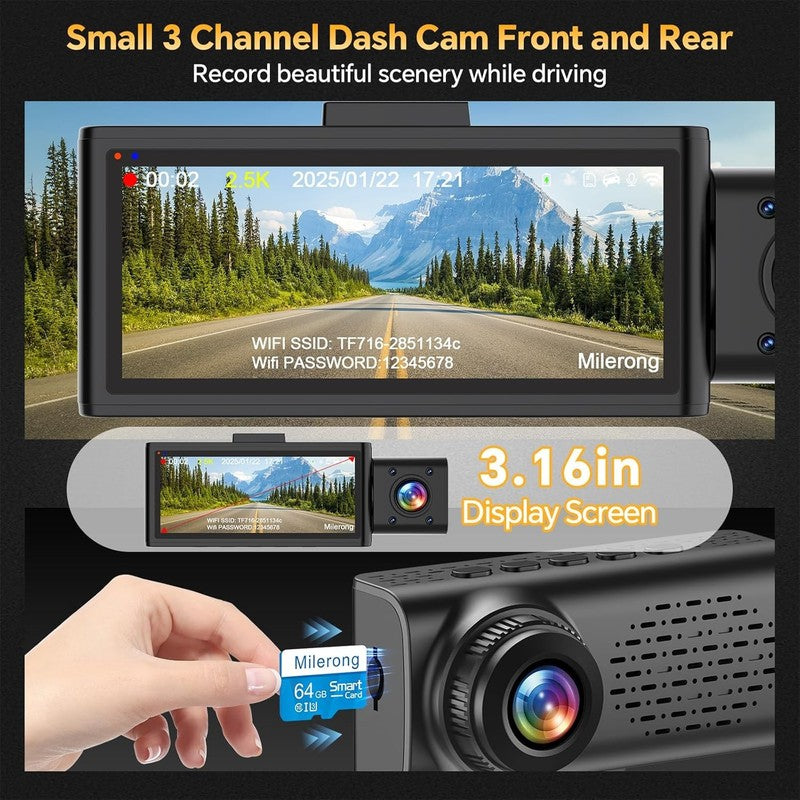 3 Channel Dash Cam Front Rear Inside 2.5K WiFi Car Camera IR Night 64GB Card1