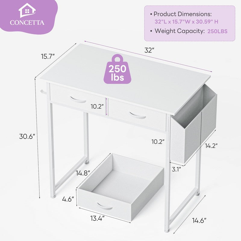 32" Small Desk w/ Fabric Drawers & Storage Bag Vanity/Computer Desk White2