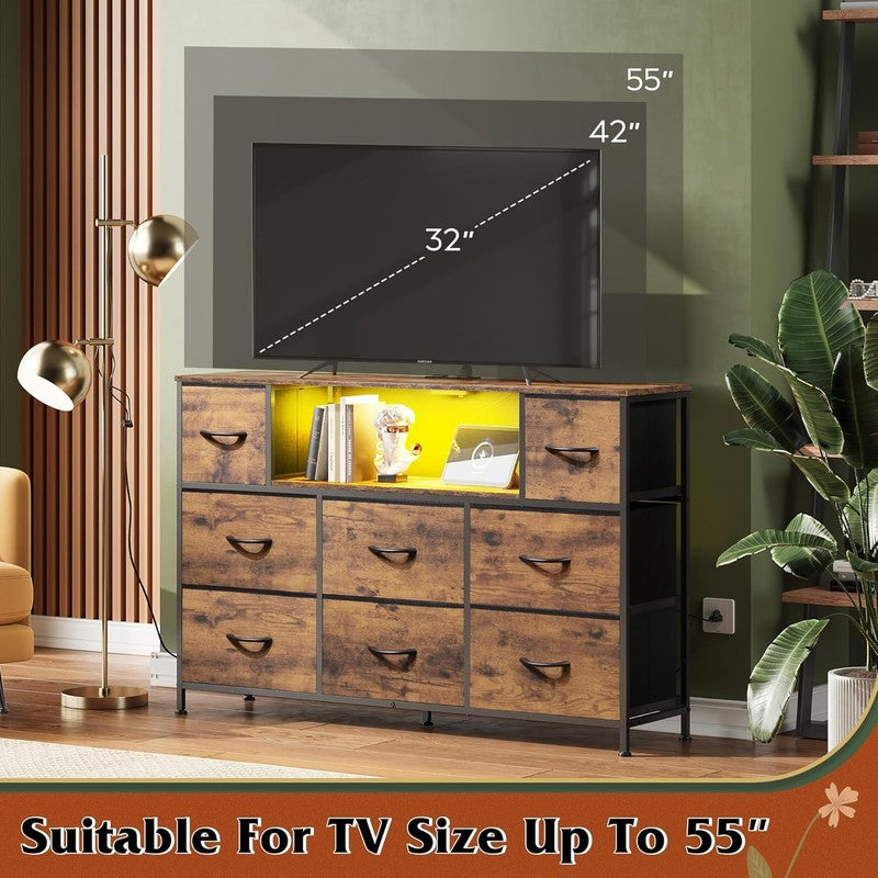 Rustic Brown TV Stand Dresser LED Lights Charging Station 8 Fabric Drawers Shelf5