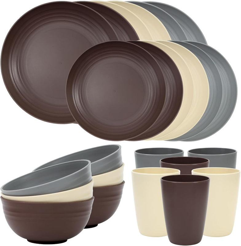 24 Piece Unbreakable Dinnerware Set Plates Bowls for 6 Camping Brown10