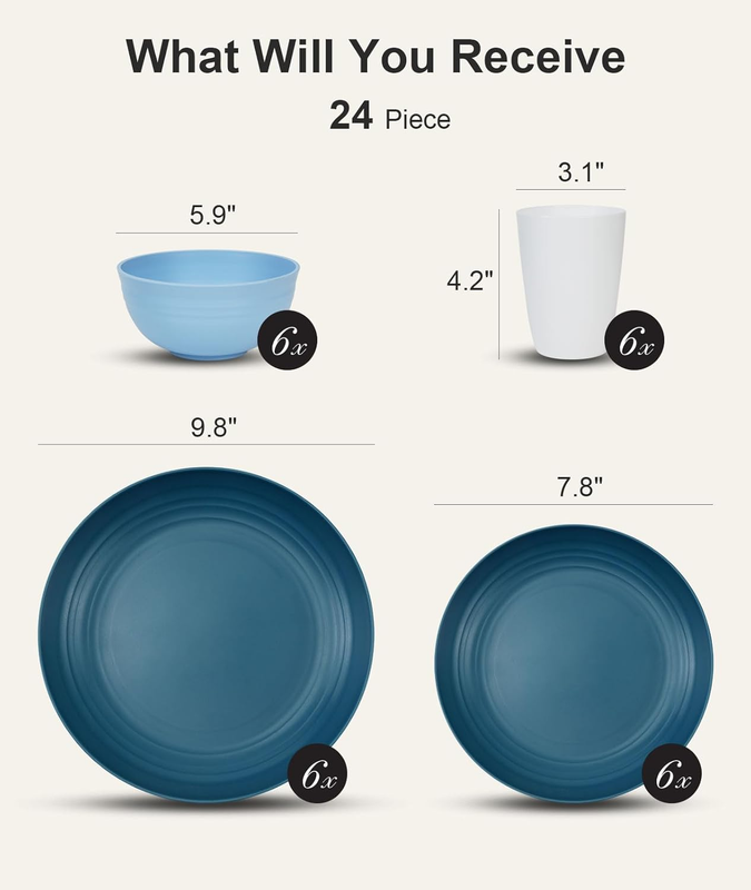 24 Piece Unbreakable Dinnerware Set Plates Bowls for 6 Camping Blue1