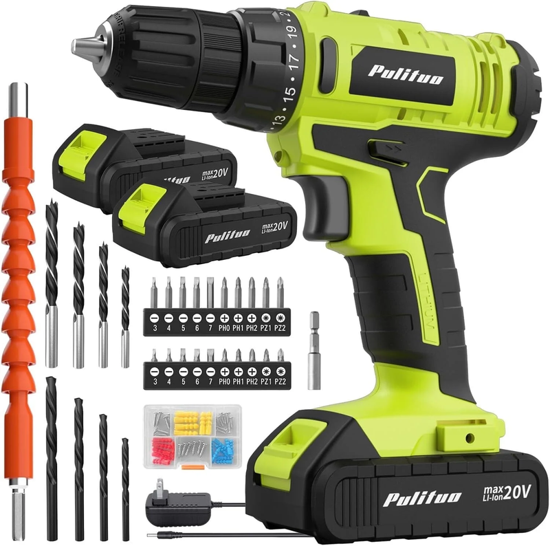 20V Cordless Drill Driver Kit 30Nm 21+1 Torque 2-Speed LED 2 Batteries Green8