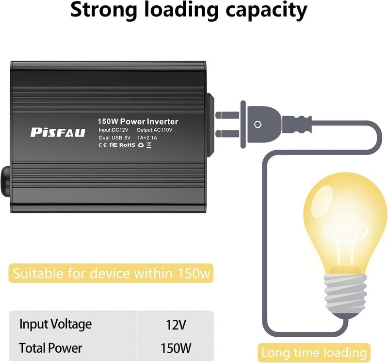 150W Power Inverter 12V DC to 110V AC with Dual USB Car Charger for Laptop4