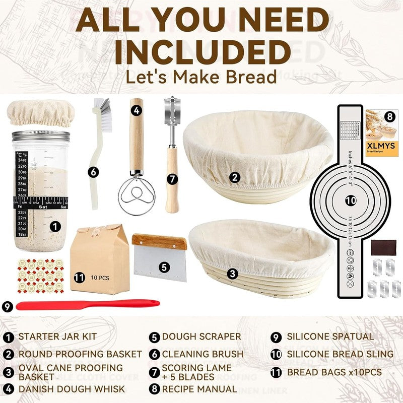 Sourdough Starter Kit   9" Round & 10" Oval Banneton Baskets with Jar & Tools1