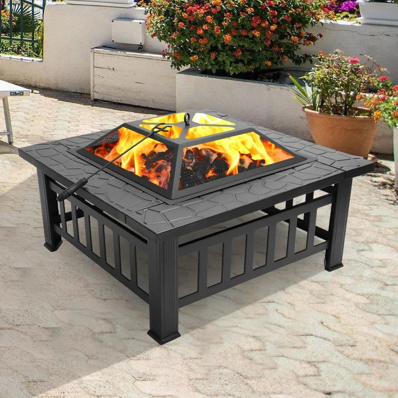 Wooden 32" Metal Fire Pit Patio Garden Square7