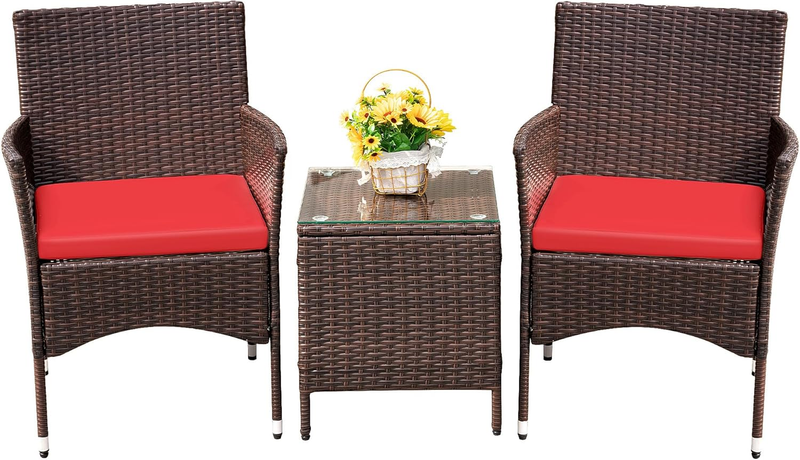 3 Piece Patio Furniture Set PE Rattan Outdoor Bistro Set Brown Red Patio Porch9