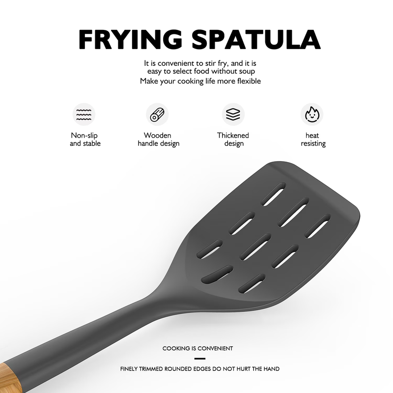 Large Silicone Kitchen Utensil Set Wooden Handle Heat Resistant Black5