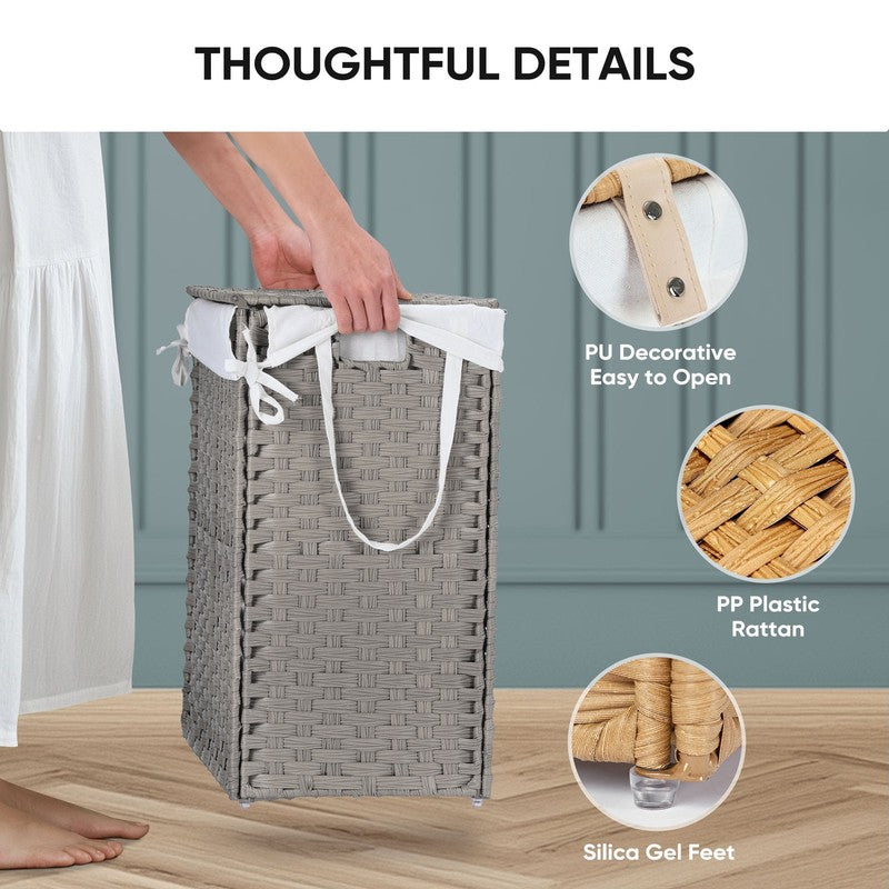 90L Handwoven PP Rattan Laundry Basket Gray w/ Lid, Foldable, Removable Liner3