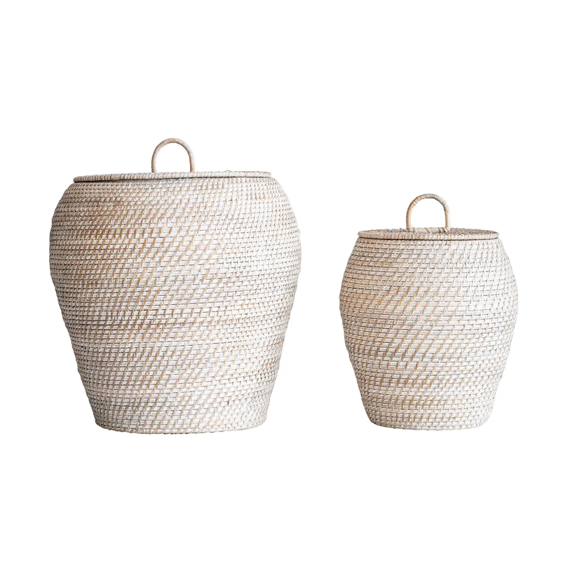 Set of 2 Hand-Woven Rattan Wicker Storage Baskets with Lids0