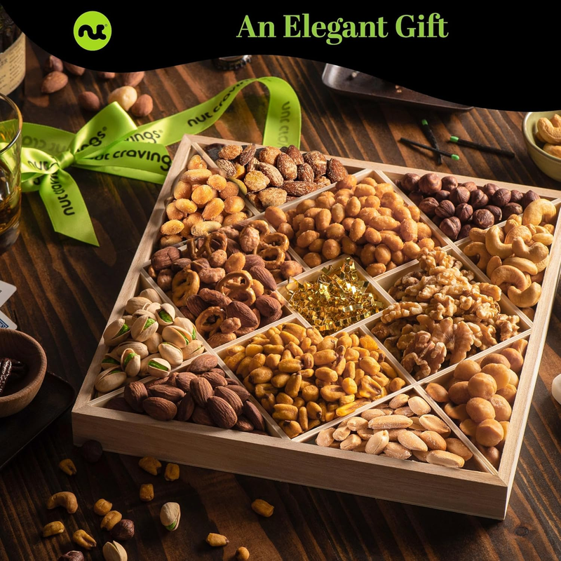   Holiday Christmas Mixed Nuts Gift Basket in Reusable Diamond Wooden Tray + Gre3
