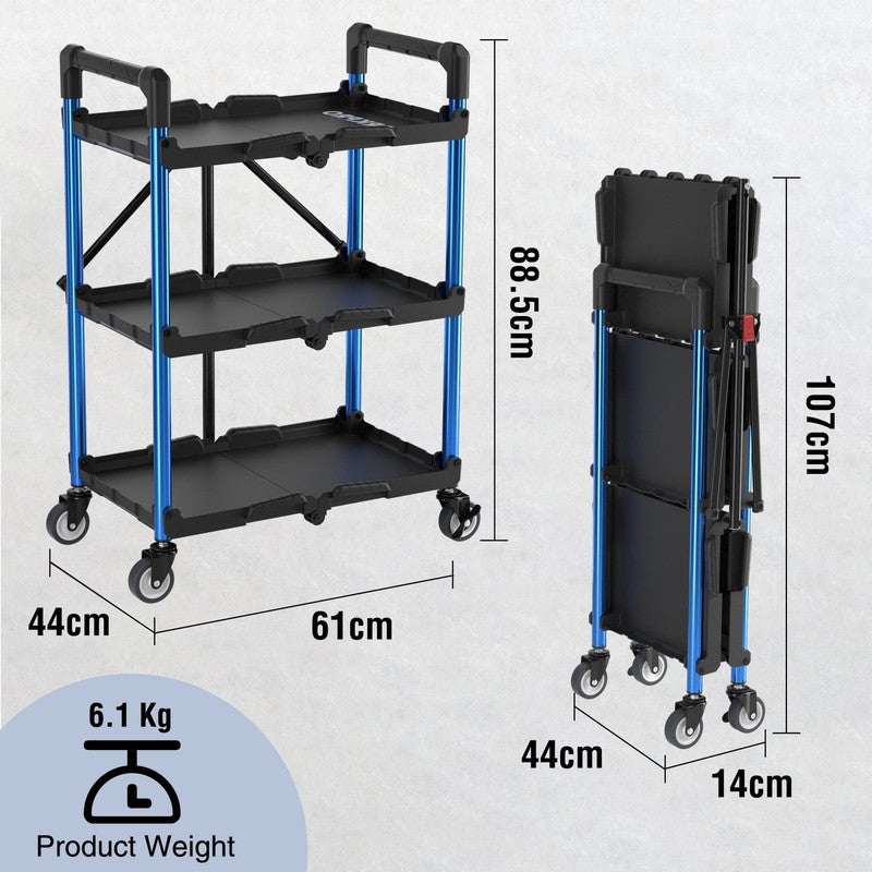 3 Tier Folding Collapsible Service Cart with Wheels, 210 Lbs Loading Capacity, F6