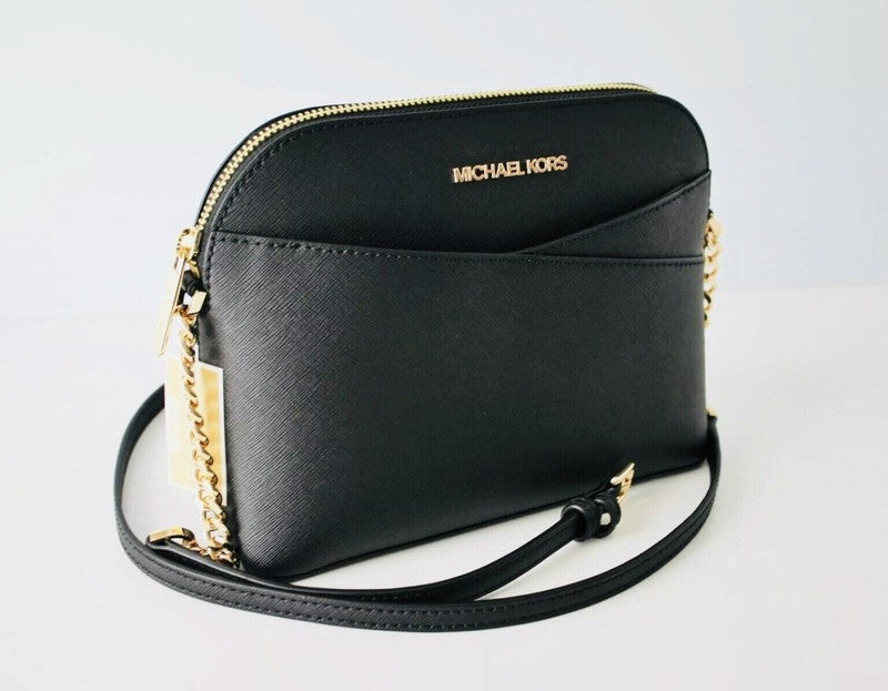 Jet Set Travel Medium Leather Crossbody Dome Handbag Black Gold3