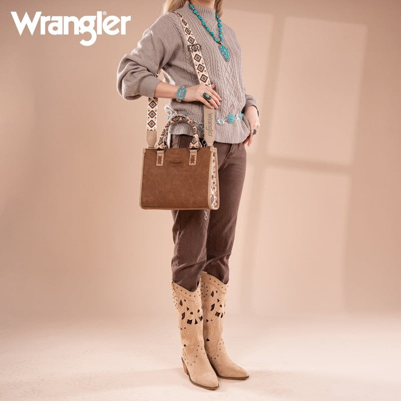 Wrangler Tote Bag Women Western Retro Top Handle Aztec Strap Handbag Brown1