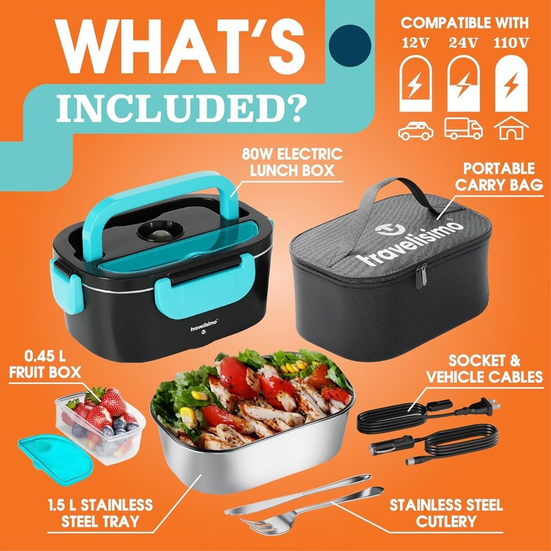 Electric Lunch Box 80W 1.5L Heated Stainless Steel Food Warmer 12/24/110V4