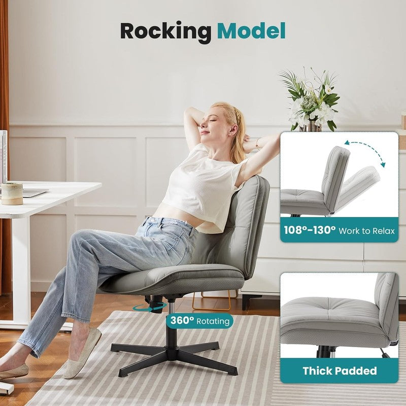 Armless Criss Cross Office Chair Gray PU Leather Swivel No Wheels Desk Chair5