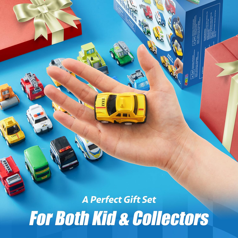 18 Pcs Pull Back City Cars and Trucks Toy Vehicles Set, Friction Powered Cars To1