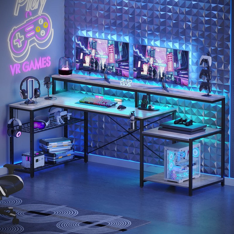 71" L-Shaped Gaming Desk with LED, Power Outlets, Monitor Stand Grey1
