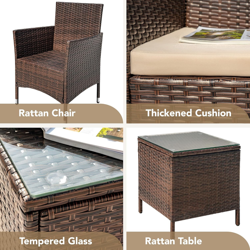 3 Piece Patio Furniture Set PE Rattan Table Outdoor Set Brown Beige Patio Porch6