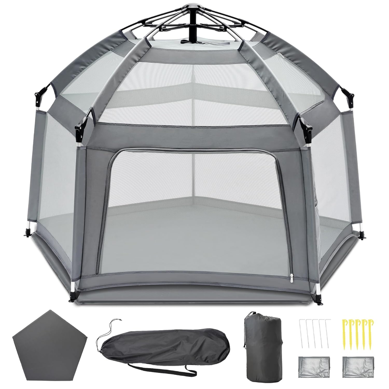 Portable Baby Playpen with Self-Inflating Mat & Travel Bag - Grey9