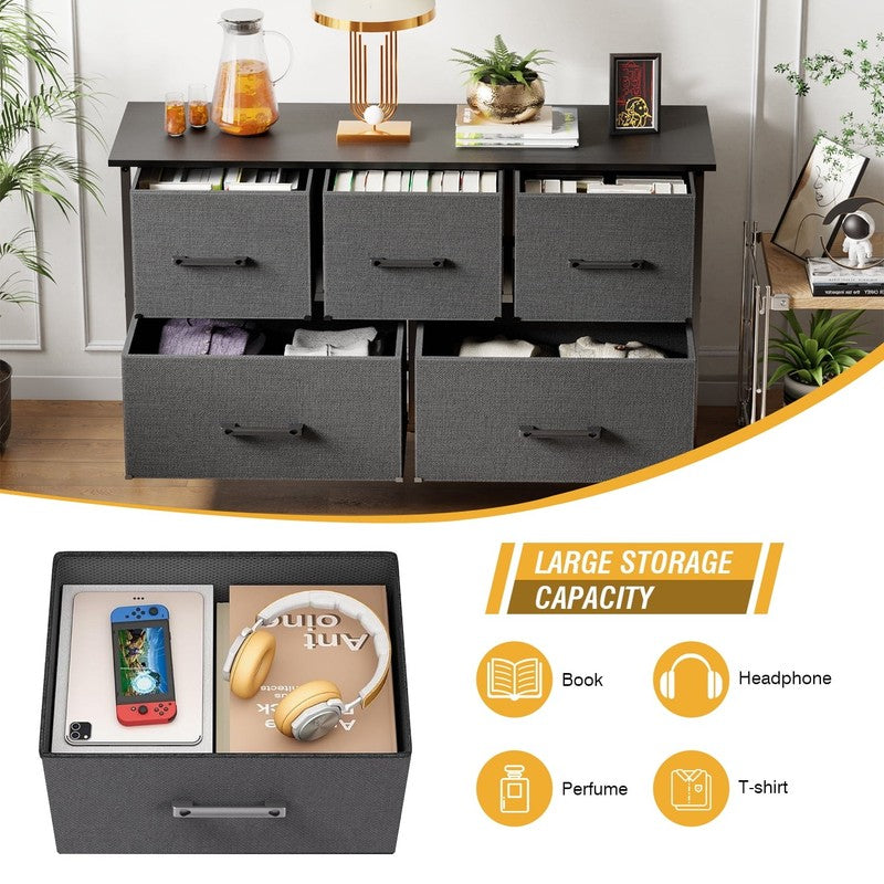 5 Fabric Drawers Dresser for Bedroom,Chest Organizer Units with Steel,Grey4